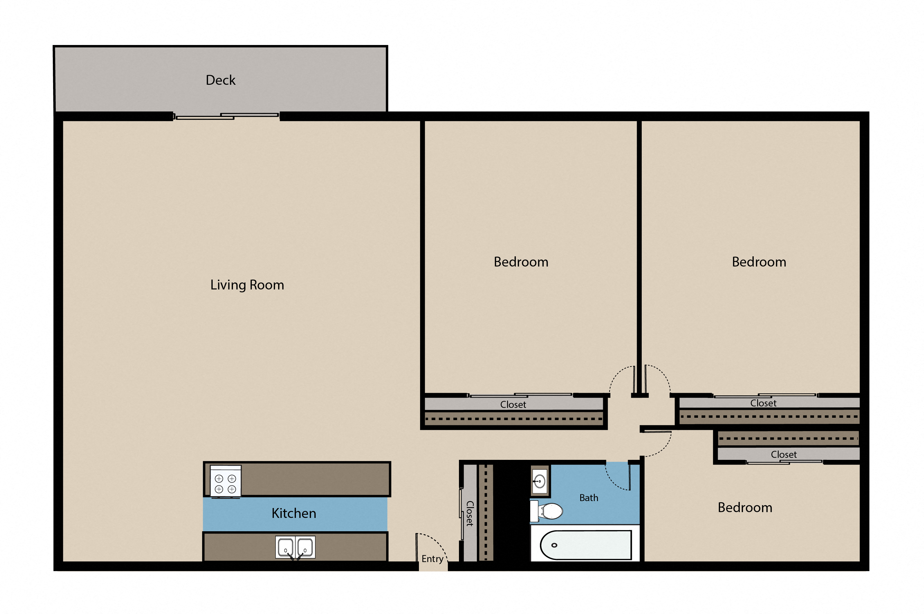 Floor plan for 3 beds, 1 bath, 1075 sqft
